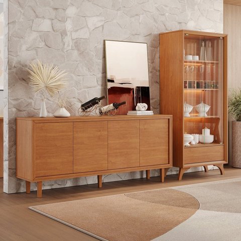 Conjunto Cristaleira 2 Portas de Vidro com Buffet 4 Portas Delux 100% MDF Prime