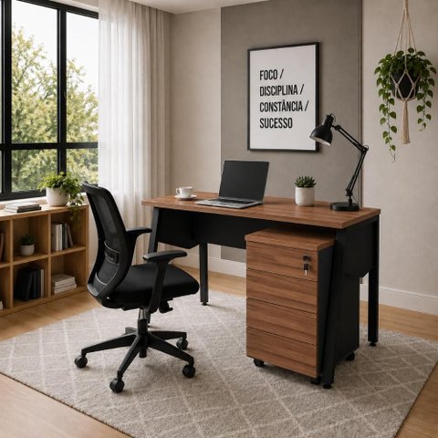 Mesa Escrivaninha 120cm x 60cm Tampo Chanfrado e Gaveteiro Móvel com 4 Gavetas F5 Office Cor:Nogal