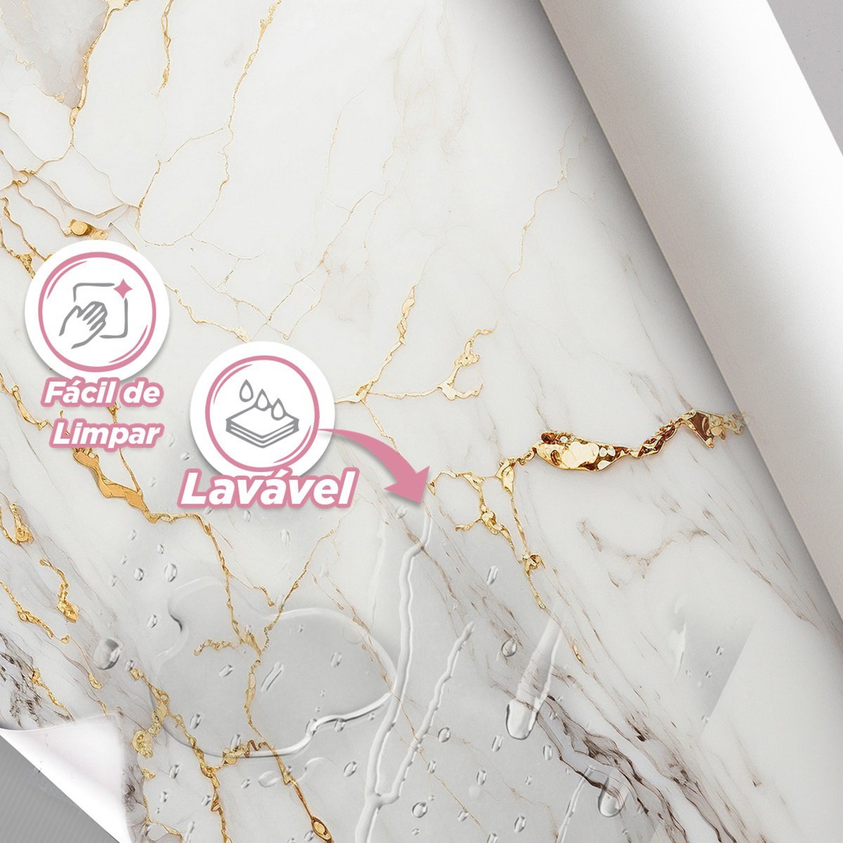 Papel de Parede Painel 3D Mármore Branco com Ouro 1M Auto Colante Lavável Revestimento Brilhoso - 4