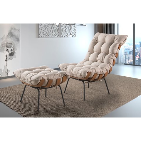 Kit Poltrona e Puff Costela  Linho Bege