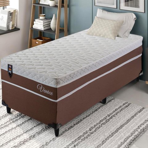 Conjunto Cama Box Solteiro Venice 96x203x60 Marrom/Branco c/Molas Ensacadas