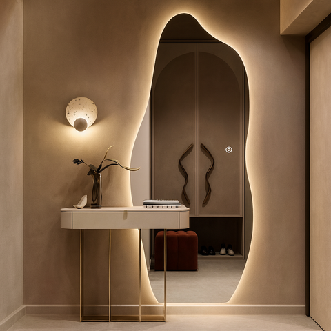 Espelho Grande Corpo Inteiro Lapidado Orgânico Decorativo 170x70cm Luxo com Led Quente/frio