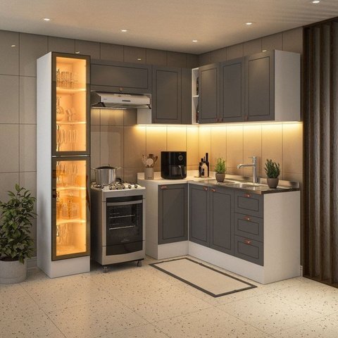 Cozinha 6 Peças em L com Rodapé e Cristaleira com LED Pérola Yescasa