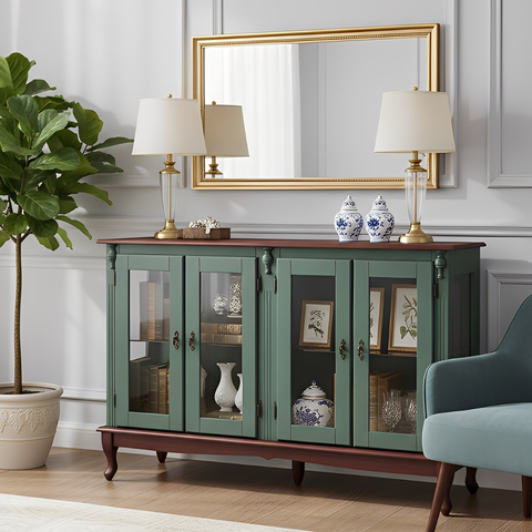 Cristaleira de Madeira 4 Portas 1 Prateleira Pés Luiz Xv - Verde Kalle com Tampo e Base Imbuia Glaze