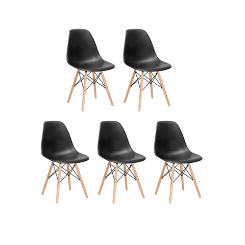 Kit 5 Cadeiras Pretas Eiffel Charles Eames Dkr – Base de Madeira – Sala de Jantar, Cozinha, Escritór