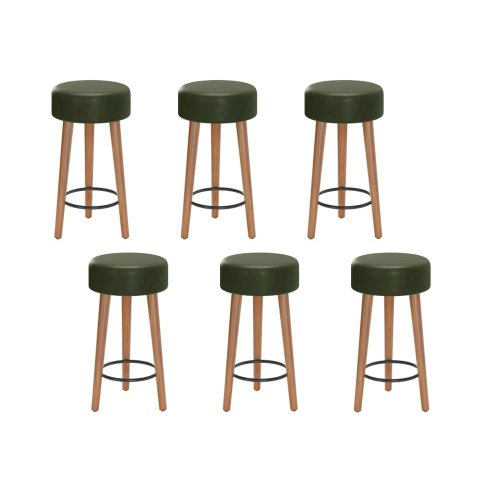 Kit 6 Bancos Banqueta Paris Couro Verde Mesa Gourmet Pés Madeira Mz Decor