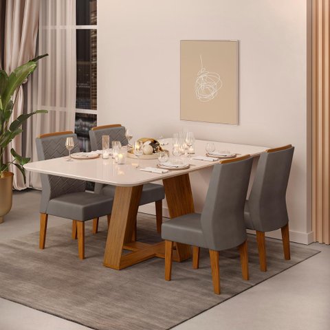 Conjunto Sala de Jantar Mesa Tampo Vidro 4 Cadeiras Dj Móveis Freijó Kiara Lunar Lidia