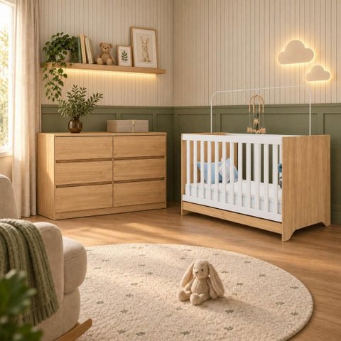 Quarto de Bebê com Berço Americano 3 em 1 e Cômoda 6 Gavetas Multimóveis MP4870 Madeirado/Branco