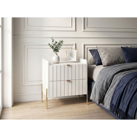 Mesinha Lateral para Cama Moriah 60cm Largura Branco Pés e Puxadores de Ferro Dourado