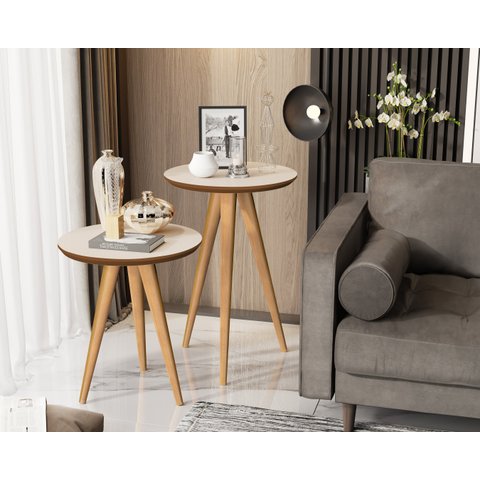 Conjunto 2 Mesas Retrô Pés Palito Duda California Off White / Freijo - Comprar Moveis em Casa