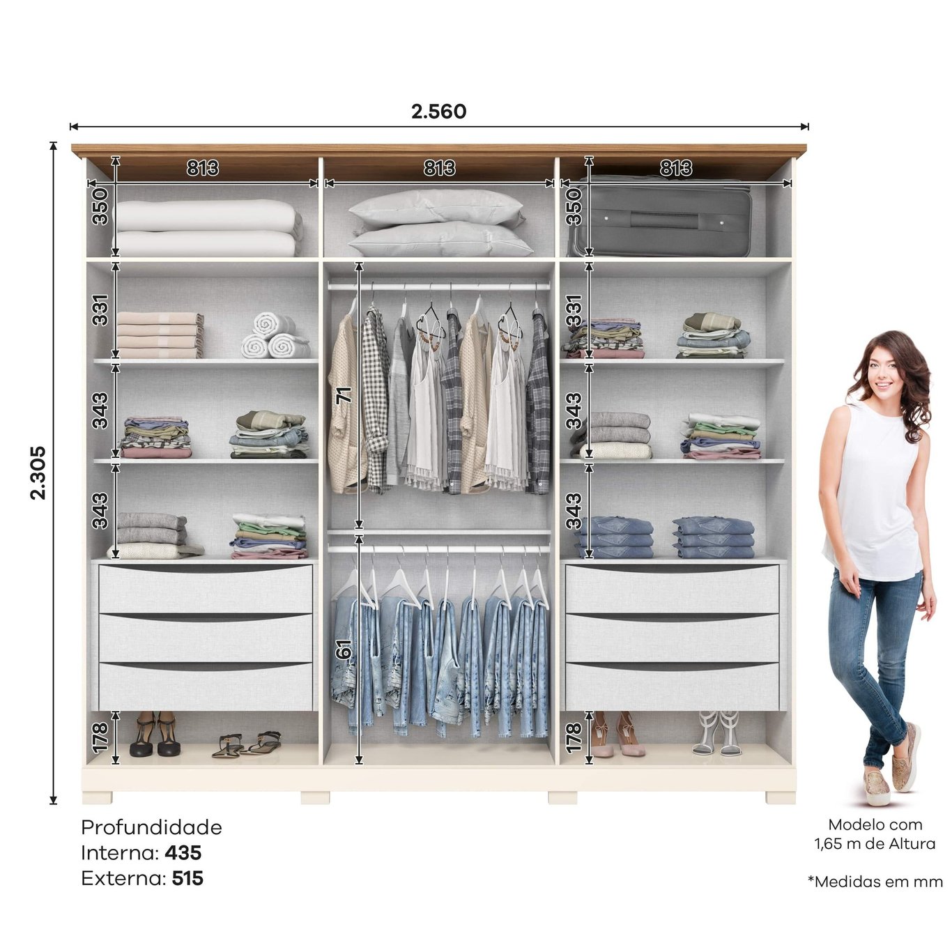 Guarda-roupa Napoli 06 Pts. C/ Espelho Off White/nature - Henn