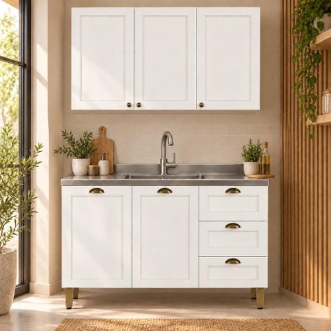 Cozinha Completa Modulada 2 Peças 5 Portas 3 Gavetas 120cm Provençal Branco - Mademovel