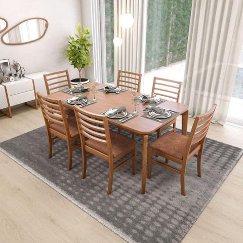 Conjunto Mesa de Jantar Flutuante 6 Lugares com Cadeiras Tiê Estofadas Corano Marrom Mescla 160cm