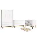 Ver imagem 1 de Dormitório Infantil Classic 3 Portas, Cômoda 1 Porta, Berço Branco com Pés Amadeirado e Colchão D18