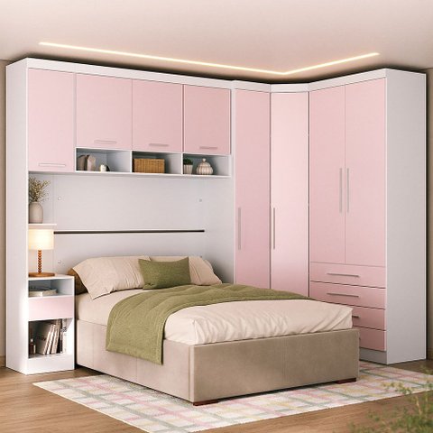 Quarto Modulado Queen de Canto com Guarda-roupas Maleiro e Cabeceira Alpes Master Luciane Móveis