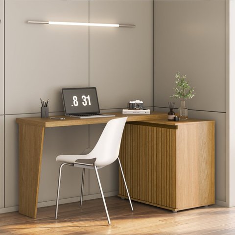 Mesa para Escritório Extensível em L ou Reta Ripado Milão Yescasa 2 Portas 180cm MDF Marrom/Carvalho