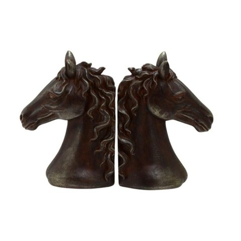 Jogo Porta Livros Cavalo Decorativo em Resina Marrom