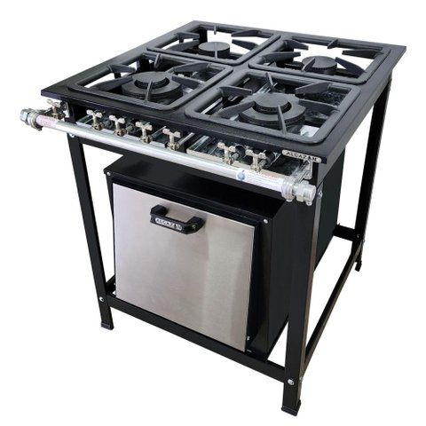 Fogão Baixa Pressão 4 Bocas Alcazon com Forno 60 Litros Tampa Inox Acz-004+aczf-001
