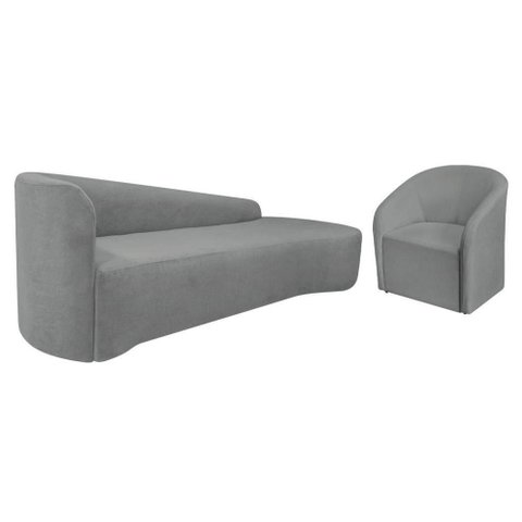 Kit Sofá Curvo França 180cm Ld. e Poltrona Luiza Max Conforto, Bouclé Cinza