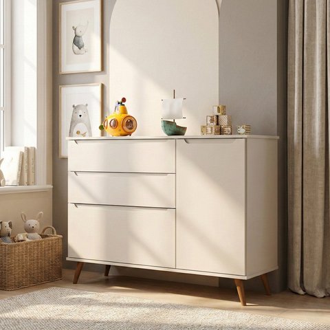 Cômoda Infantil 100% MDF com 3 Gavetas e 1 Porta Retrô Melinda Off White