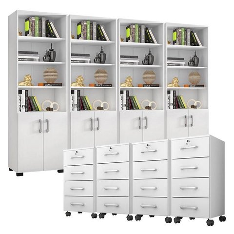 Kit 4 Gaveteiros para Escritório Gávea com Chave e 4 Livreiros Office Portas Pequenas Branco Fosco –