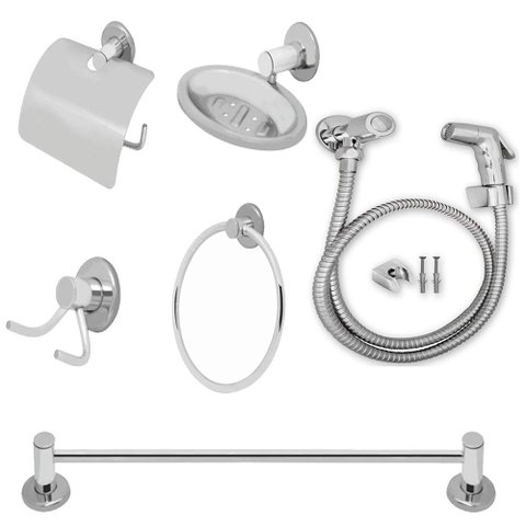 Kit Acessorios Banheiro 6pcs com Ducha Higienica Inox Completa 1/4 Volta