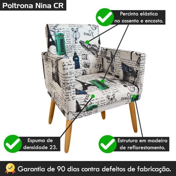 Poltrona Estampada Nina Paris Azul Verde para Costura Rodapé - 5