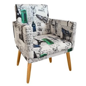 Poltrona Estampada Nina Paris Azul Verde para Costura Rodapé