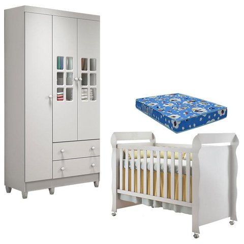 Berço Americano Mirelle e Guarda Roupa Mariah 3 Portas Branco Brilho com Colchão – Carolina