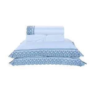 Jogo Lençol King Size Branco / Azul 400 Fios Egípcio 100% Algodão 4 Peças