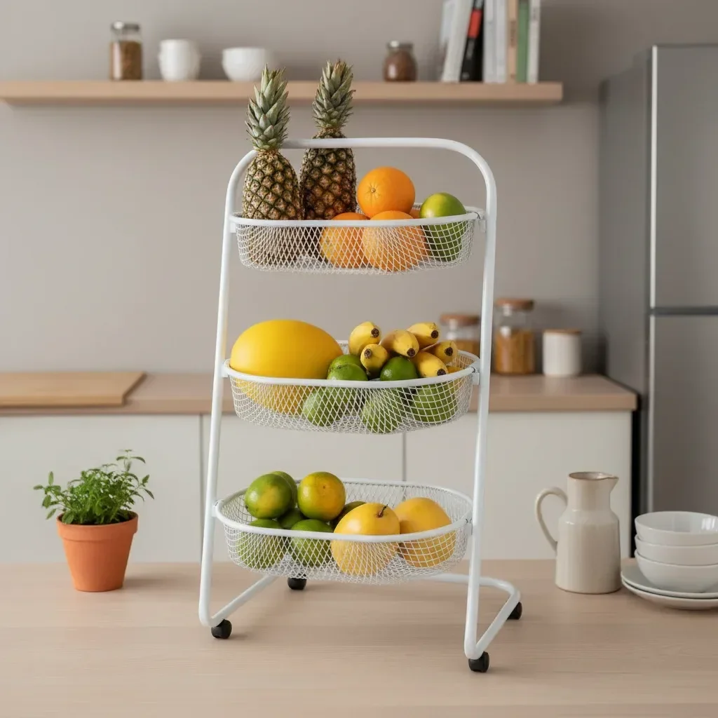 Fruteira de Chão Multiuso em Aço com 3 Cestos e Rodízios Branco ...