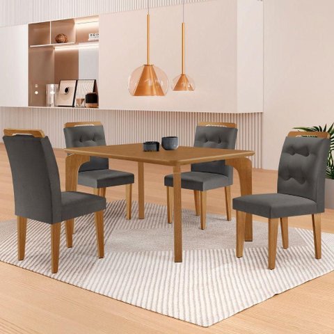 Mesa Liz 120 MDF com 4 Cadeiras Carol Veludo Grafite/Naturalle/Naturalle
