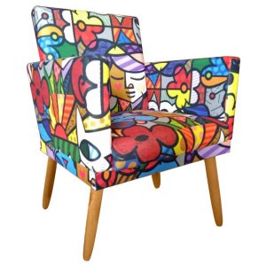 Cadeira Poltrona para Sala Pés Madeira Rodapé Estampa Romero Britto