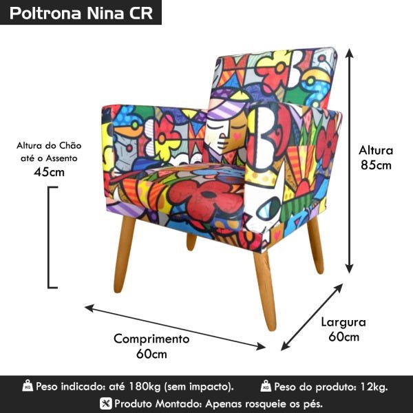 Cadeira Poltrona para Sala Pés Madeira Rodapé Estampa Romero Britto - 6