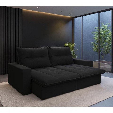 Sofá com Chaise Firenze 3 Lugares Retrátil e Reclinável 210cm Preto Cia Lar Móveis