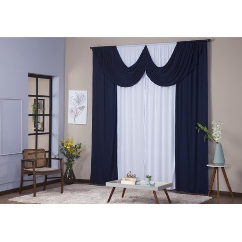 Cortina Paris 3,00 X 2,80 Sala Quarto Decoração com Bando Malha Gel Branco e Azul Marinho