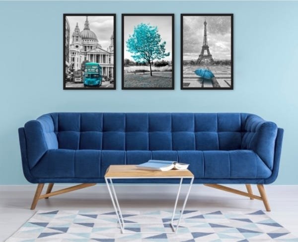 Kit 3 Quadros Árvore Azul Paris Torre Eiffel Londres 40x60 - 1