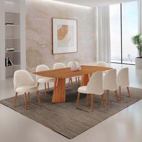 Sala de Jantar Mesa Florida 220cm Tampo Barril Laminado e 8 Cadeiras Suiça