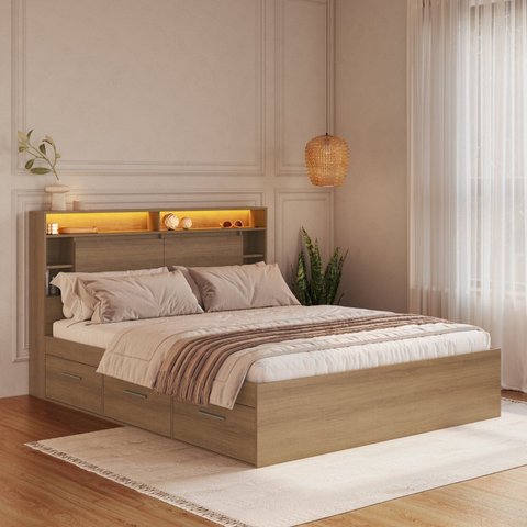 Cama de Casal Queen com 6 Gavetas Cabeceira com LED Genebra