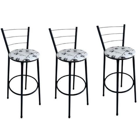 Kit 3 Banquetas Alta Preta com Encosto Assento Branco Floral Jaddi