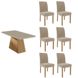 Kit Conjunto Sala De Jantar Mesa Tampo MDF Vidro 180 Cm Com 6 Cadeiras Marrom Madeira Off White - 1