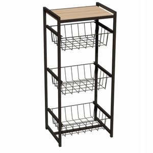 Fruteira Suporte de Chão para Cozinha Tampo Madeira Mdf 3 Cestos em Aço Estilo Industrial Preto