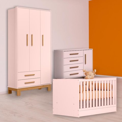 Conjunto Berço Mini Cama, Cômoda Sapateira Retrô e Guarda Roupa Slim Rosa