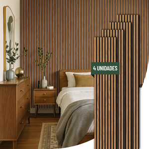 Kit 4 Painel Ikara de Madeira Ripado e Acústico - 270x32cm