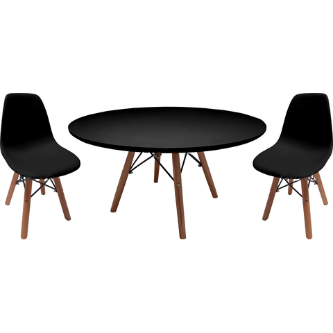 Mesa Redonda 70cm Infantil Preto + 2 Cadeira Suporte Eiffel Centro Lateral