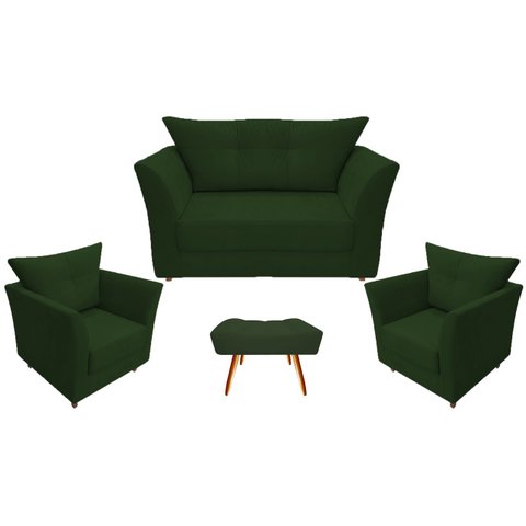 Kit Namoradeira + 2 Poltronas Decorativa Isis + 1 Puff Retangular Suede Verde Pés Madeira Mz Decor