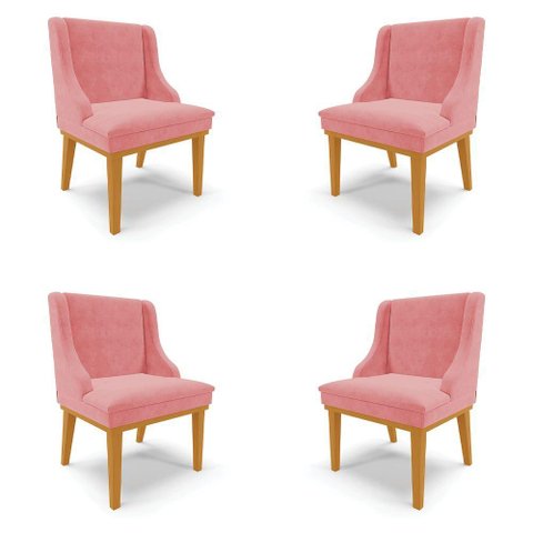 Kit 4 Cadeiras Decorativas Sala de Jantar Base Fixa de Madeira Firenze Suede Rose/castanho