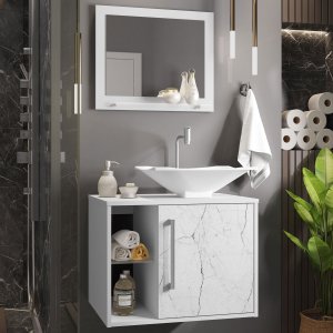 Armário de Benheiro Baden 1 Porta 3 Prateleiras Branco/carrara - Bechara