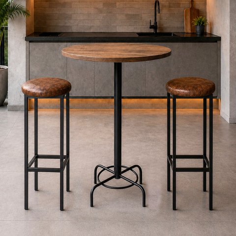 Conjunto Mesa Bistrô Alabama com 2 Banquetas Estofada Kassel Cor Marrom - Kmj