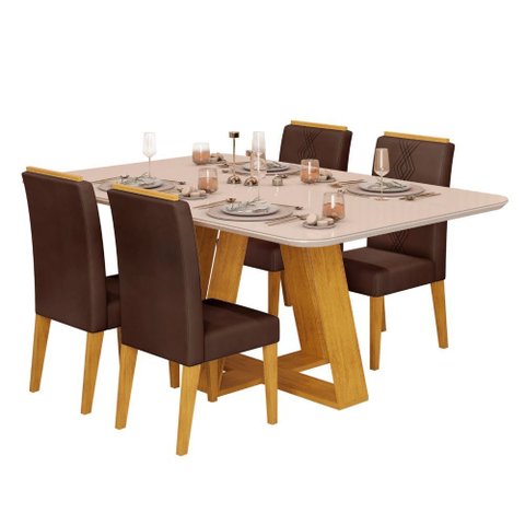 Conjunto Sala de Jantar Mesa Tampo Retangular Chanfrado Curvo Mad/vid 160 X 90cm Kiara Cedro Off Whi